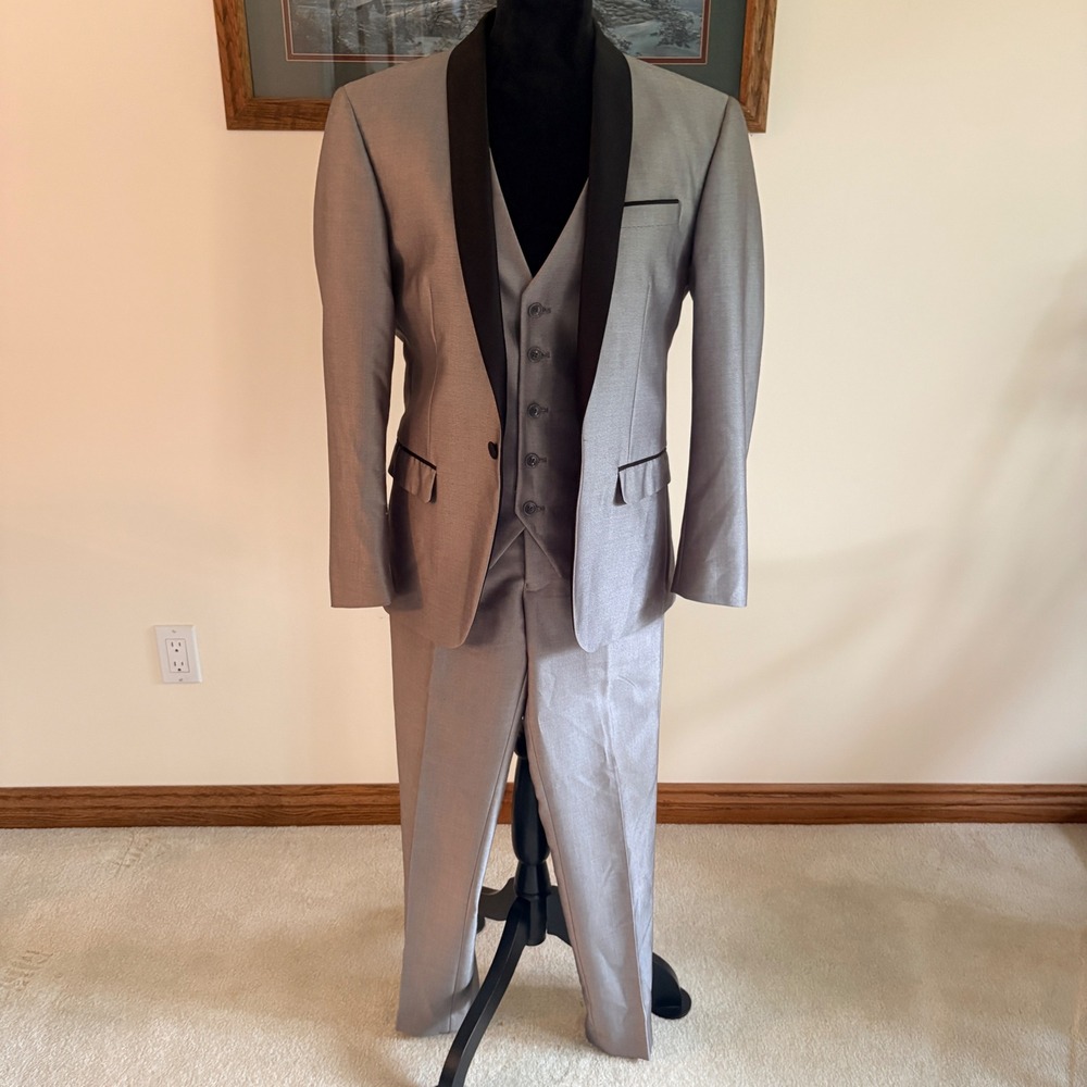 Retro Paris Tuxedo Suit Mens 32x28 Silver 3 Piece Slim‎ Fit Shawl Lapel Wedding